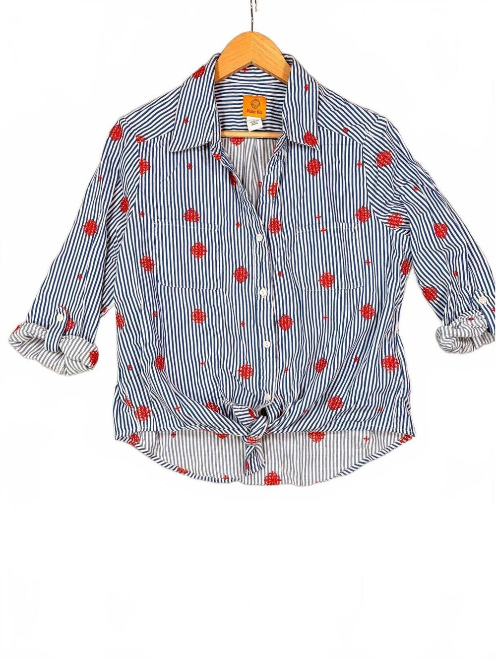 Ruby Rd Blue White Striped Embroidered Button Shirt Size L Cotton Tie Front